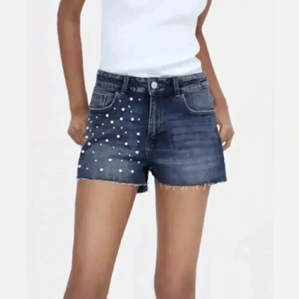 ZARA Basic Z1975 Women's DENIM Pearl Cut Off Jean Shorts Size 4 Mid Rise Frayed